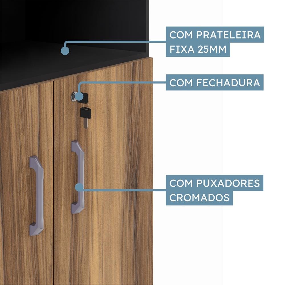 Armário Estante P/ Escritório 80cm 2 Portas Ng Pr F5 Cor:nogal com Preto - 18