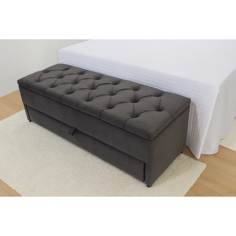 Puf Baú Estofado com Gaveta Tamanho Casal 140x50x45cm Cor Cinza Escuro - com Botôes na Mesma Cor