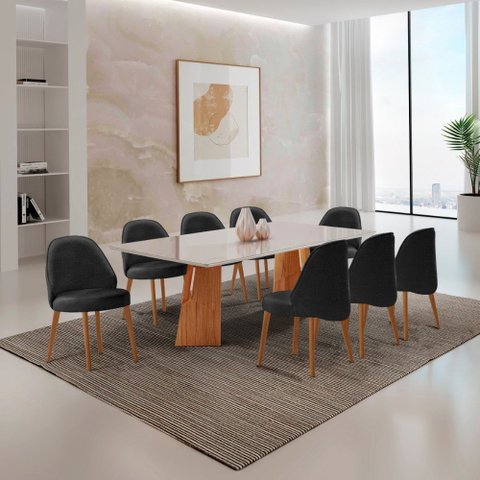 Sala de Jantar Mesa Florida 220cm Tampo Laqueado com Vidro e 8 Cadeiras Suiça