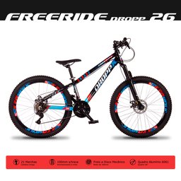 Bicicleta Aro 26 Quadro 13 Alumínio 21v Freio a Disco Mecânico Freeride Azul/Vermelho - Dropp - 4