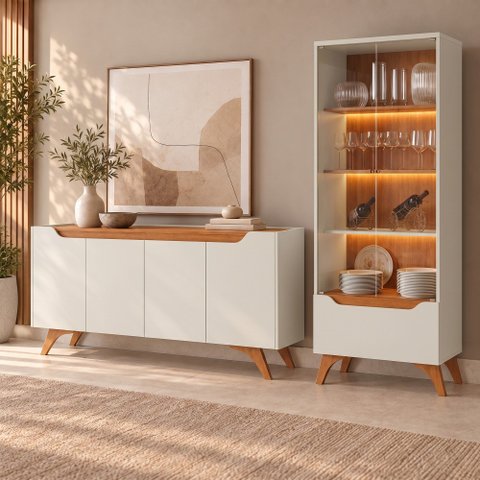 Conjunto Sala de Jantar Atenas Buffet Off White/Naturalle Cristaleira Off White/Naturalle Mavaular