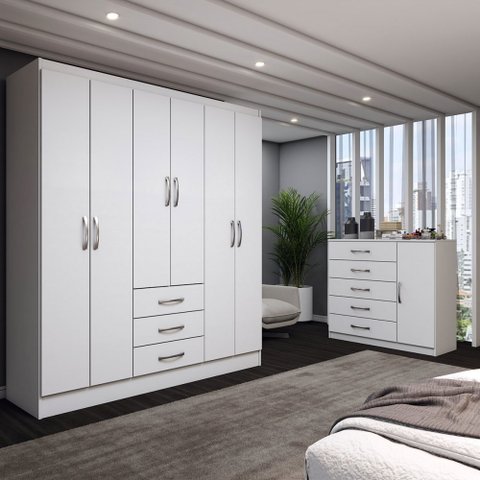 Guarda-roupa Casal Madeline 6 Portas 3 Gavetas com Cômoda 1 Porta 5 Gavetas Branco - Panorama Móveis