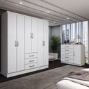 Ver imagem 1 de Guarda-roupa Casal Madeline 6 Portas 3 Gavetas com Cômoda 1 Porta 5 Gavetas Branco - Panorama Móveis