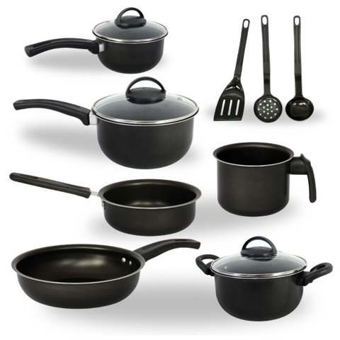 Jogo de Panelas 9 Peças – Panela, Frigideira, Canecão, Caçarola Antiaderente Tampa de Vidro