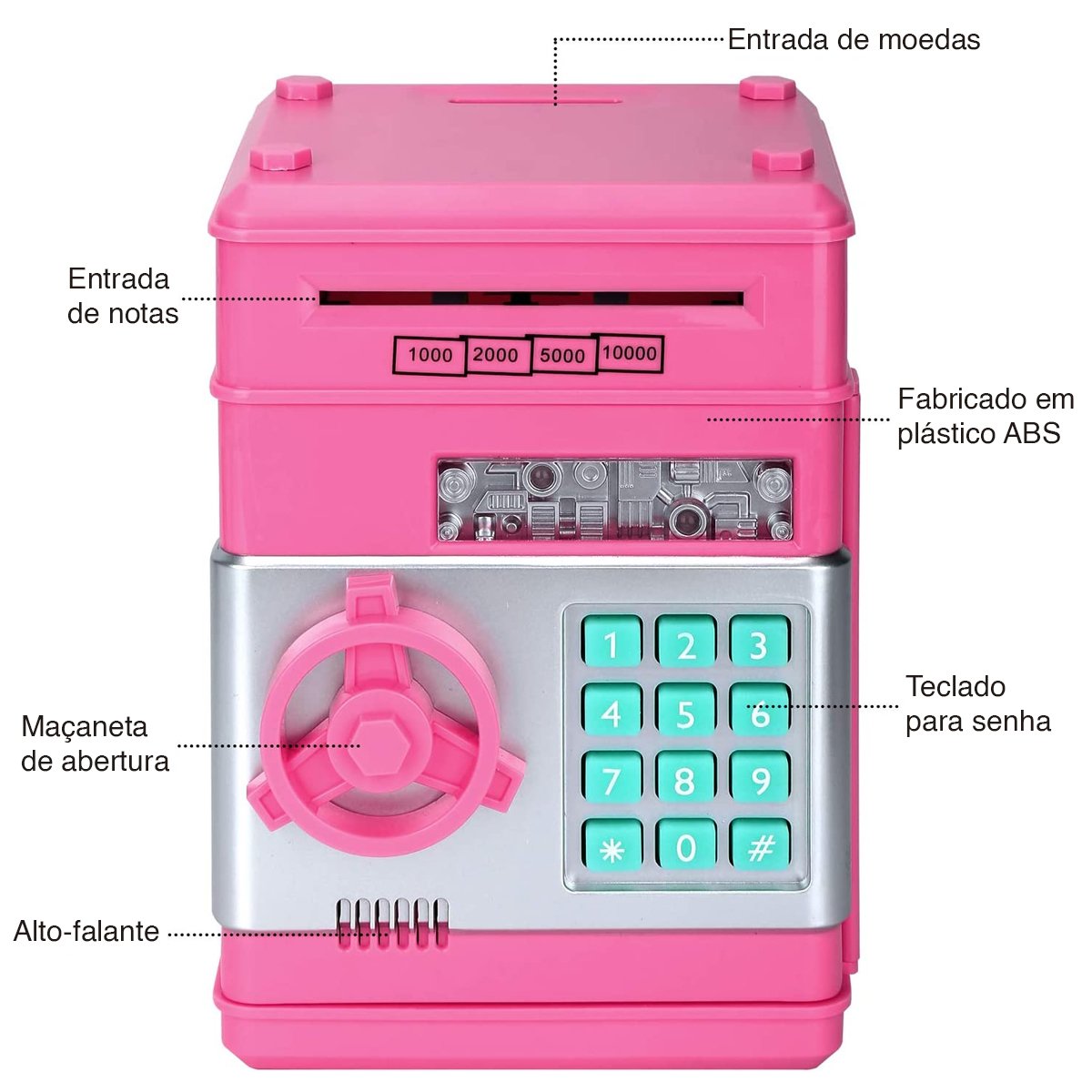 Mini Cofre Eletrônico Digital Puxa Nota Senha 4 Dígitos Notas e Moedas Rosa Lorben - 4