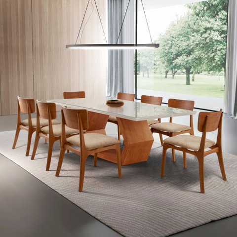 Sala de Jantar Mesa Ane 220cm Tampo Laqueado com Vidro Canto Moeda e 8 Cadeiras Viena Gold