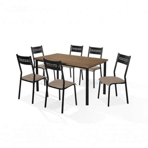Jogo de Mesa Aço Nobre 6 Cadeiras Titanium Tampo Nogal Tubo Preto