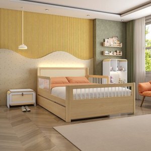 Bicama Casal Reversível com Estante em LED e Sapateira Infantil Wave Casatema MadeiraOriginals