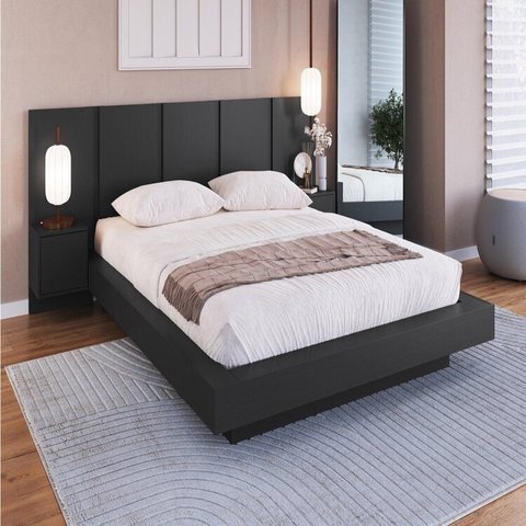 Cama Casal Queen Suspensa, Cabeceira e Mesas de Apoio 140/160 Zurique Cinza/Grafite