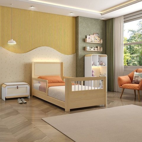 Quarto Montessoriano Cama Solteiro Evolutiva Estante 4 Nichos LED Sapateira Infantil Wave Casatema MadeiraOriginals