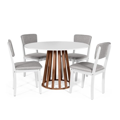 Mesa de Jantar Redonda Gabi Bran/nor com 4 Cadeiras Estofadas Ella Branco/cinza Claro
