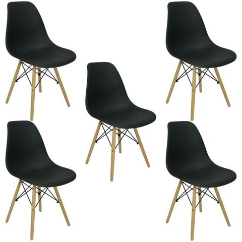 Kit C| 5 Cadeiras Charles Eames Dsw Preta - Base Madeira