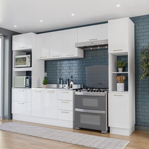 Cozinha Amara 5 Peças 310cm Armários Aéreos Torre Quente Paneleiro Balcão Rodapé Branco 250086