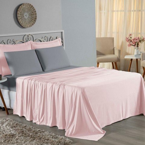 Jogo de Cama Casal Viúva Nobre 4 Peças Malha 100% Algodão - Rosa / Cinza