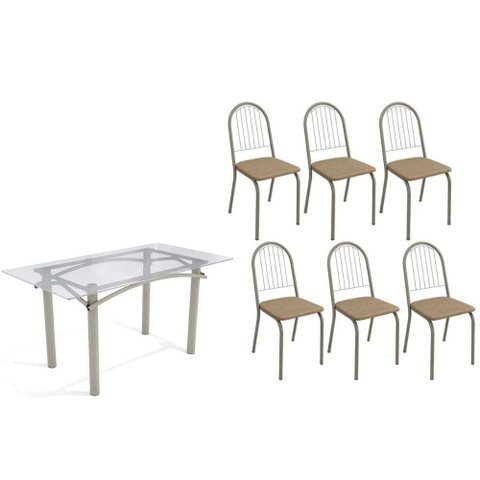 Sala de Jantar Completa Elba C/ Tampo de Vidro 150cm e 6 Cadeiras Noruega Niquel - Courano Capuccino