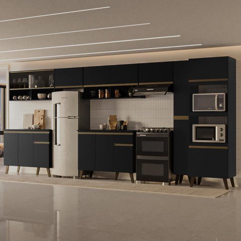 Armário de Cozinha Completa Atlanta Square com Vidro Carraro Preto Touch