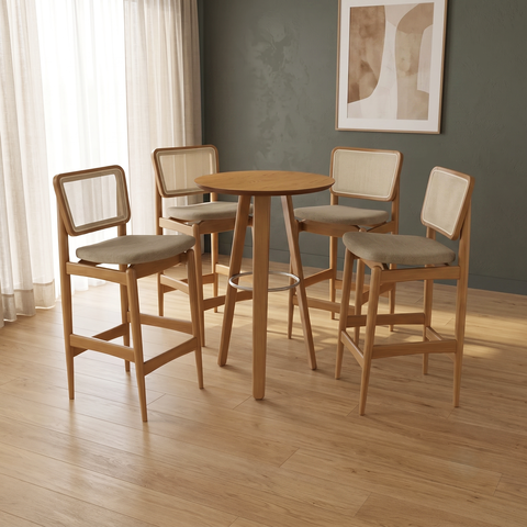 Conjunto Mesa Bistrô com 4 Banquetas Liz em Madeira Maciça Bege