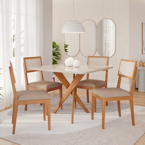 Sala de Jantar Mesa Cacau 95x77cm com Vidro e 4 Cadeiras Encanto Marrom/Off White/Bege/Cinamomo