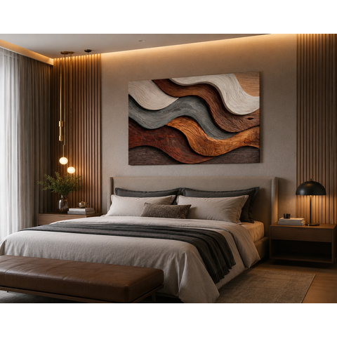 Quadro Decorativo Abstrato Ondas Madeira Canvas 90x60cm