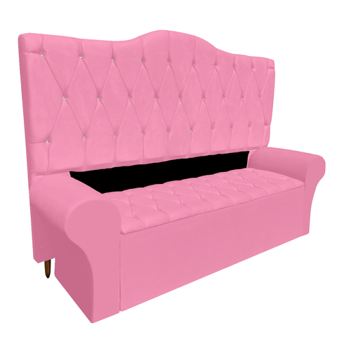 Conjunto Cabeceira Solteiro e Recamier Baú 90cm Calçadeira Banco Quarto Estofado:suede Rosa