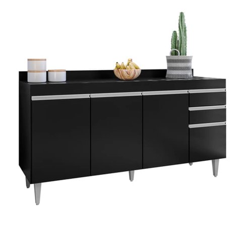 Balcão Cozinha Lorena 160cm Preto C/ Tampo - Belliv Decor