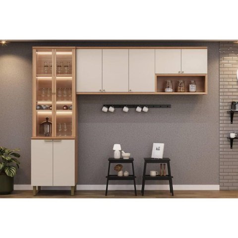 Cozinha Modulada Completa Selene 3 Peças (2aéreos+1cristaleira) Cp15 Jequitiba/off White Fosco -