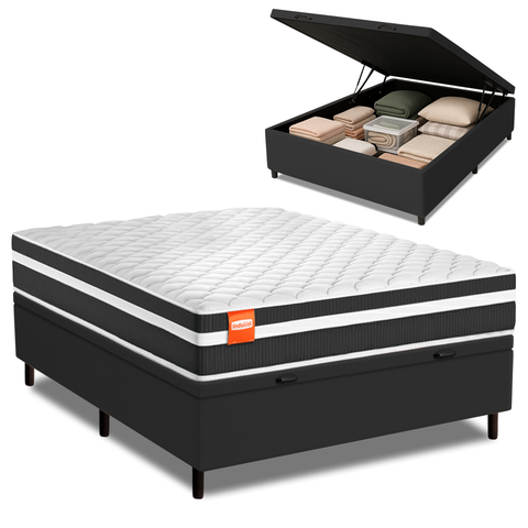 Cama Box Baú Casal Molas Ensacadas Bali Preto 138x188x63cm