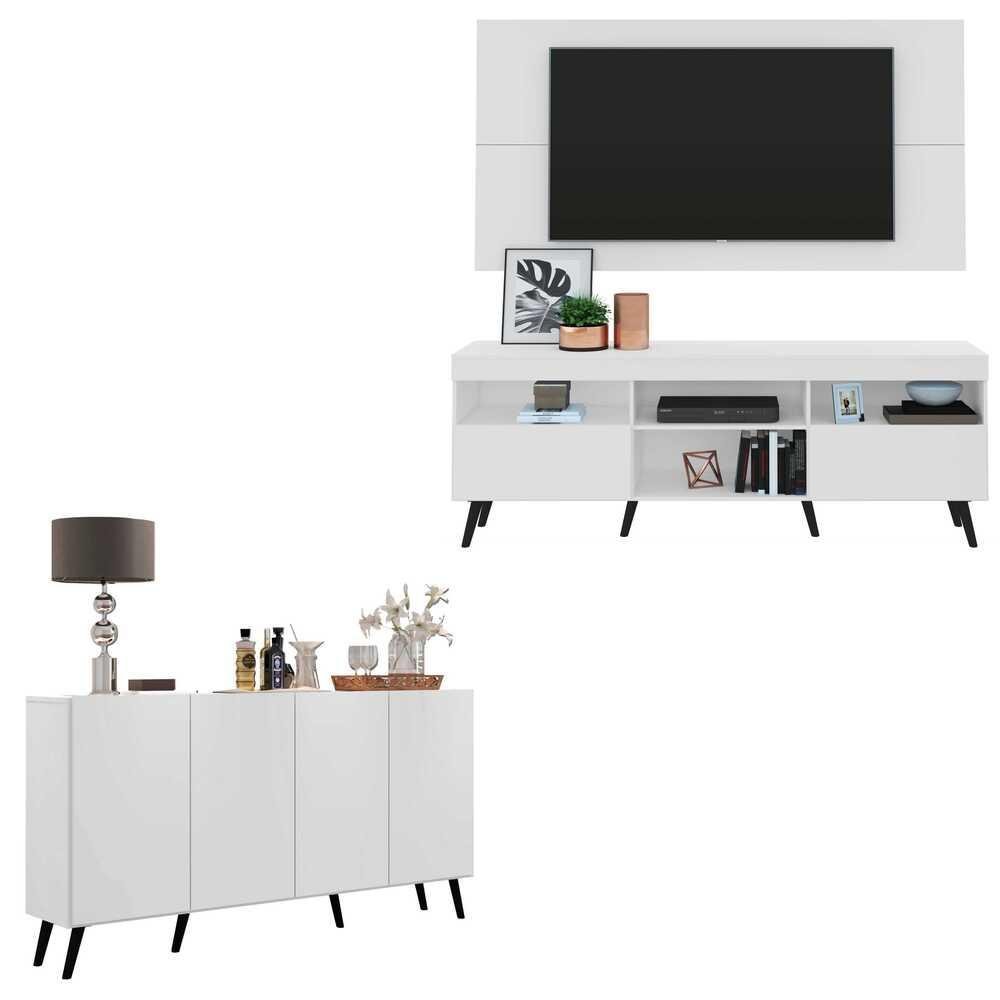Conjunto Sala de Estar Rack + Painel TV 65" e Aparador Retrô Sofia Multimóveis Branco/Preto Menor preço em Conjunto Sala de Estar Rack + Painel TV 65" e Aparador Retrô Sofia Multimóveis Branco/Preto