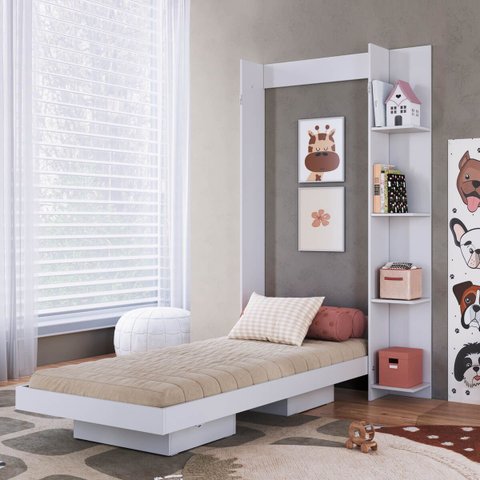Cama Solteiro Juvenil Articulável Vertical com Estante 80 Vancouver Branco