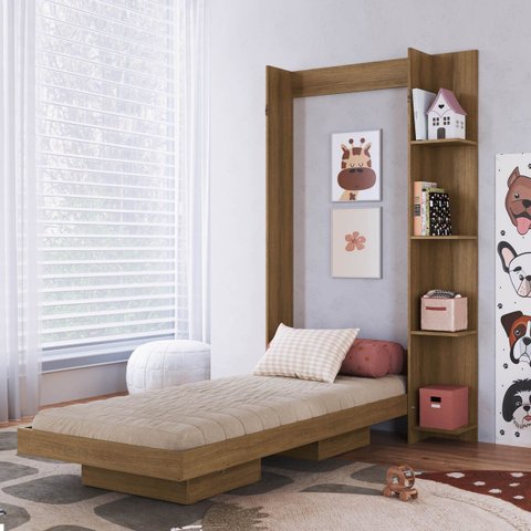 Cama Solteiro Juvenil Articulável Vertical com Estante 80 Vancouver Marrom/Mel