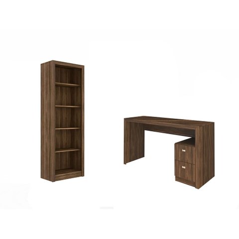 Escritório com Mesa para Computador 2 Gavetas com Armário Prateleiras Portas Nogal - Fdecor