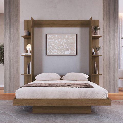 Cama Casal Articulável Vertical com Estante 140 Vancouver Marrom/Mel