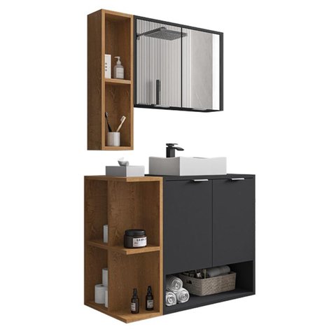 Conjunto Gabinete para Banheiro Ibiza Preto Fosco/naturalle - Bechara