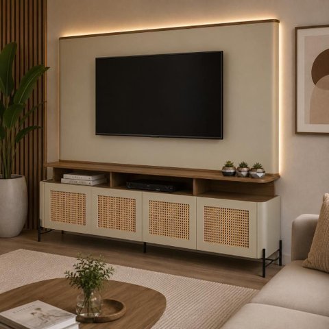 Rack com Painel para TV Bend 220cm MDF Porta Sextavada Louro e Luna com Preto Casa Lar Shop