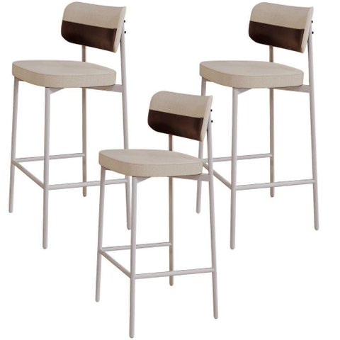 Kit 03 Banquetas Alta Bar Cozinha Sala de Jantar Aço Branco Kaira C01 Linho Areia Courino Café -