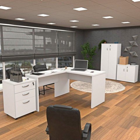 Conjunto 4 Peças com Mesa para Escritório em L, Gaveteiro e 2 Armários Branco