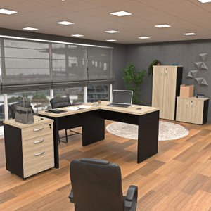 Kit 4 Peças com Mesa para Escritório em L, Gaveteiro e 2 Armários