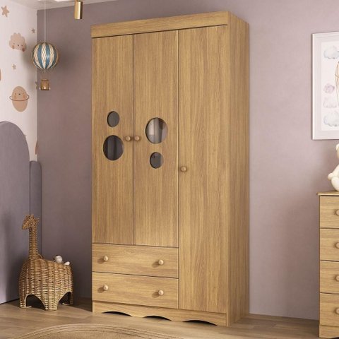 Guarda-roupa Infantil 92cm com Vidro 3 Portas e 2 Gavetas Sonho Multimóveis Mp4472 Madeirado