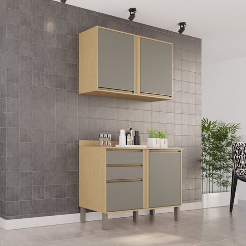 Cozinha Compacta Modulada 2 Peças 4 Portas 2 Gavetas Pérola Cinza/Jequitibá/Granizo