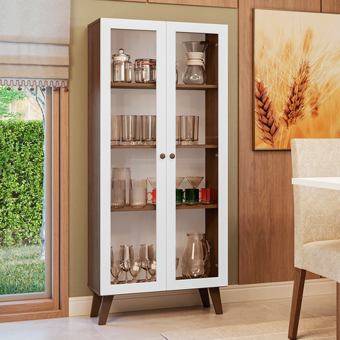 Cristaleira 70 cm 2 Portas de Vidro com Pés Trapézio Rustic-Branco-Rustic Vik Madesa