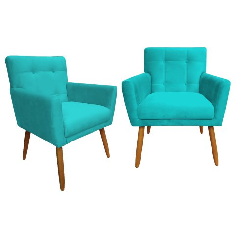 Kit 2 Poltronas Decorativa Onix Suede Azul Tifany Pés Madeira Ms Decor