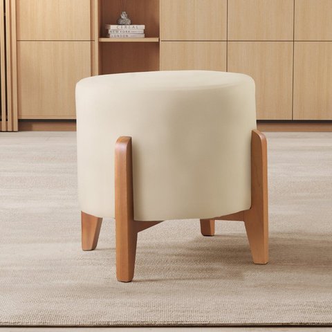 Puff Redondo para Sala de Estar Veludo Bege Nude