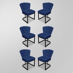 Kit 06 Cadeiras Decorativas Recepção Flor - Base Ferro Preto - Azul Marinho - 1