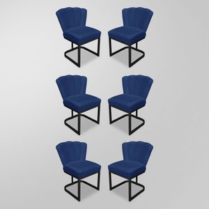Kit 06 Cadeiras Decorativas Recepção Flor - Base Ferro Preto - Azul Marinho