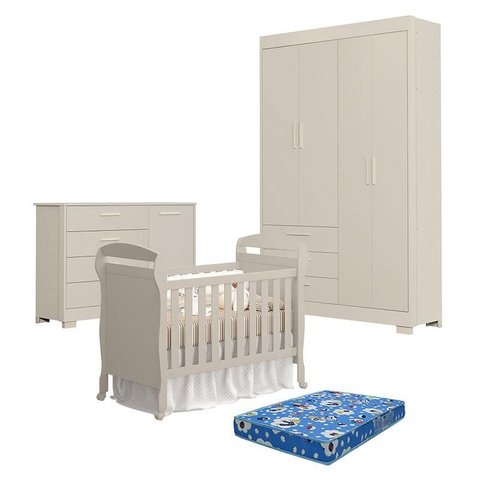 Quarto de Bebê Zaki com Berço Americano Danny Areia Acetinado com Colchão Ortobom - Reller