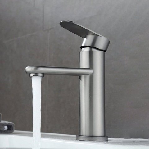 Torneira Luxo Inox Lavatório Bancada Baixa Monocomando Escovado Inox Cinza Grascan