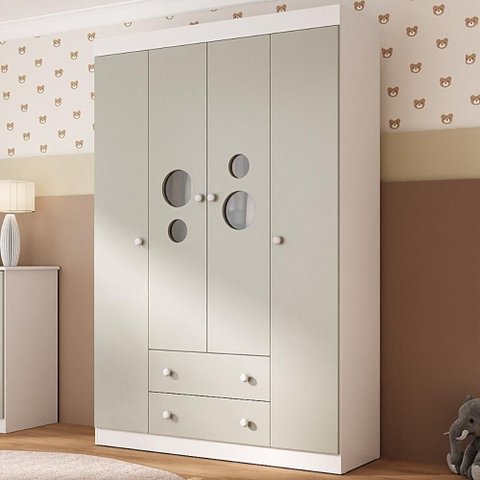 Guarda-roupa Infantil 122cm com Vidro 4 Portas e 2 Gavetas Pirulito Multimóveis Mp4468 Branco/off