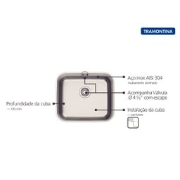 Cuba de Embutir Tramontina Dora 40 Bl R6 em Aço Inox Acetinado com Válvula e Escape 40x34 Cm - 2