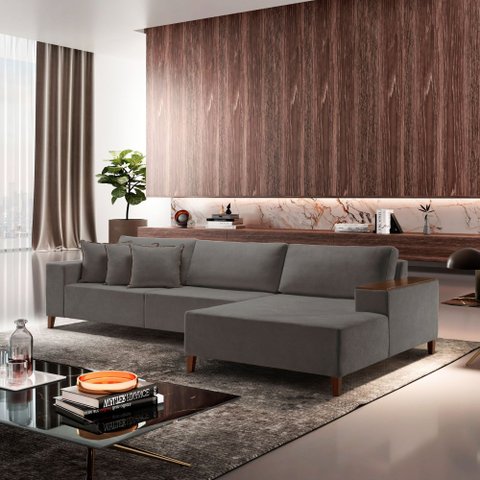 Sofá com Chaise 4 Lugares Veludo Cinza Grécia 290cm Yescasa