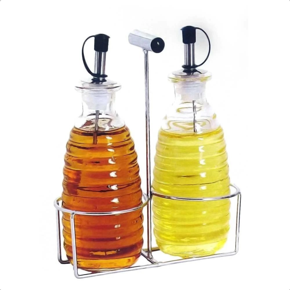 Galheteiro de Vidro para Mesa Azeite e Vinagre 300ml com Suporte Inox - 1